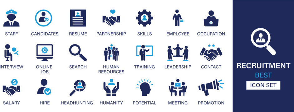 Recruitment icon set collection. Candidates, staff, resume, partnership, skills, employee, occupation, interview, online job, search, human resources, training and best solid icon set.