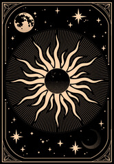 Mystical rectangular composition of the sun, moon and stars