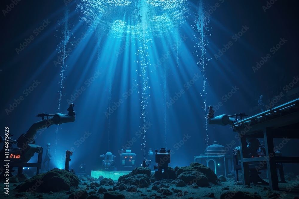 Poster futuristic underwater ai factory with robotic arms and bubbles illuminated by sunlight filtering thr