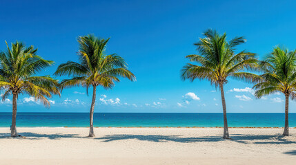 Fototapeta premium Vibrant beach scene with palm trees and clear blue sky, evoking tranquility