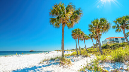 Obraz premium Vibrant beach scene with palm trees and clear blue sky, perfect for relaxation