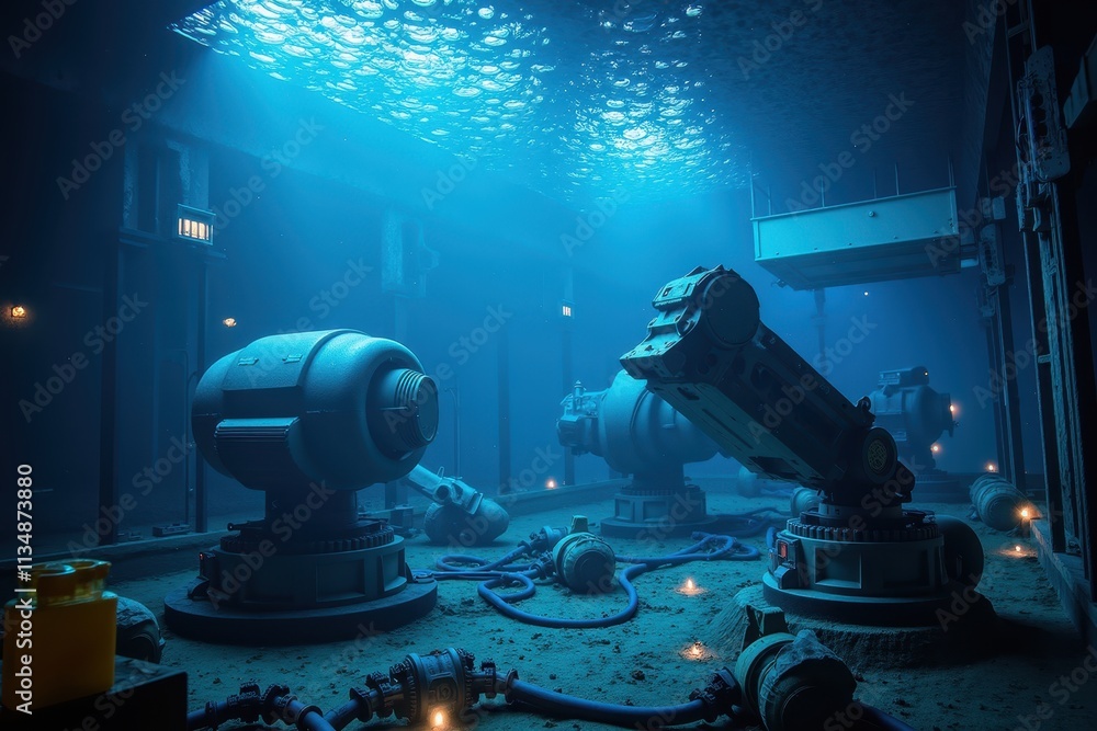 Poster underwater ai factory featuring robotic arms and advanced machinery in a futuristic environment with