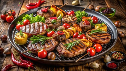 Deliciously Grilled Meat Platter on an Iron Grille Surrounded by Fresh Vegetables and Herbs, Capturing the Essence of Rustic Cuisine in a Warm Outdoor Setting