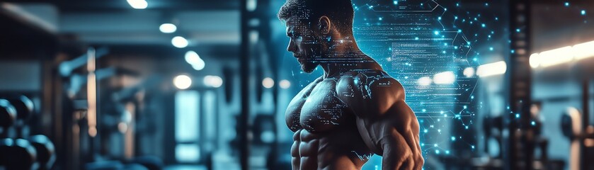 Dynamic gym shot of a fit man with holographic workout plans, advanced AI tech ambiance, glowing futuristic overlays, hyperrealistic detailing, immersive lighting