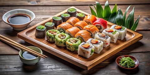 Delicious Three Sets of Sushi Rolls with Wasabi and Soy Sauce on a Wooden Platter Perfect for Culinary Photography, Featuring Copy Space for Text or Branding Needs