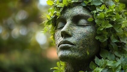 Fototapeta premium Leafcrafted human sculpture blending into a picturesque outdoor scene, symbolizing humanity s connection with nature, vibrant greenery, ultrarealistic quality