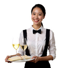 Smiling young Asian waitress holding tray with wine glasses on white background