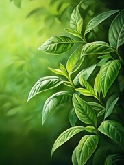 Lush Green Tea Leaves - Vibrant green tea leaves, natural growth, sunlight, freshness, tranquility.  Symbolizing health, nature, purity, serenity, growth.
