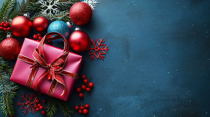 Red Christmas Balls and Gift Box  on Blue Background Copy Space 