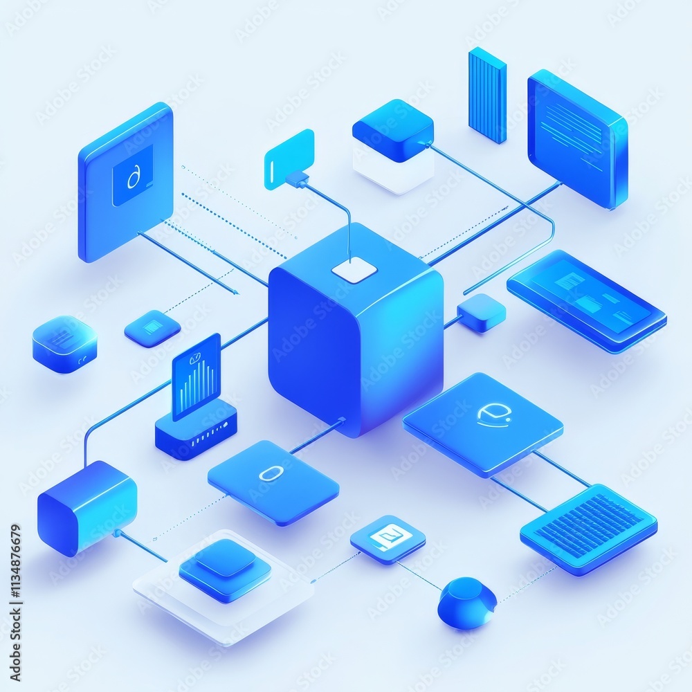 Poster modern digital network showcasing interconnected data blocks and graphical user interface elements i