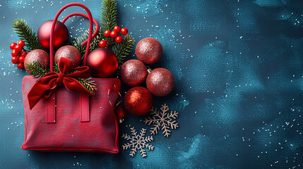 Red Christmas Balls and Gift Box  on Blue Background Copy Space 
