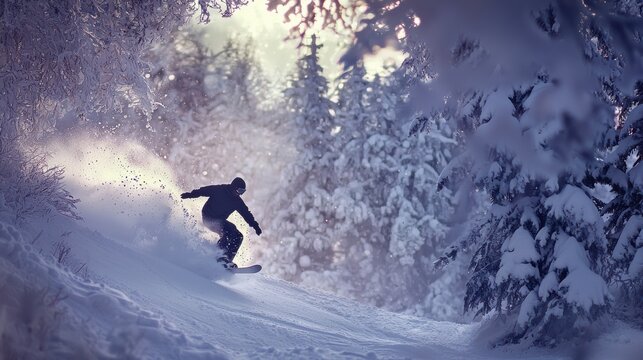 Snowboarder navigating a winter trail mountain resort action sports photography snowy landscape