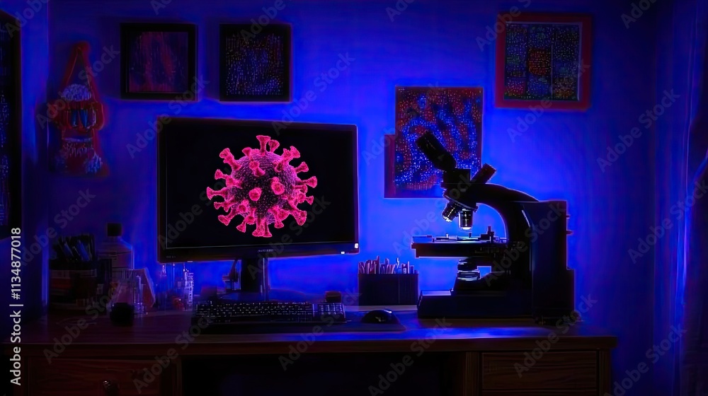 Poster high-tech laboratory with a computer screen projecting a digital virus model next to a modern micros