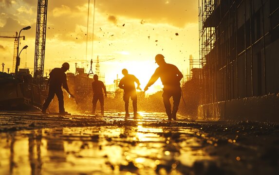 Silhouettes of construction workers in action, pouring concrete at sunset, glowing warm tones reflecting teamwork in the industrial workforce, hyperdetailed cinematic lighting