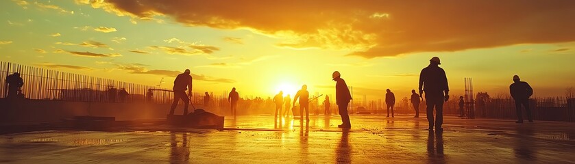 Silhouettes of construction workers pouring concrete at a building site during a vibrant sunset, teamwork and industrial labor highlighted in warm golden tones, ultradetailed