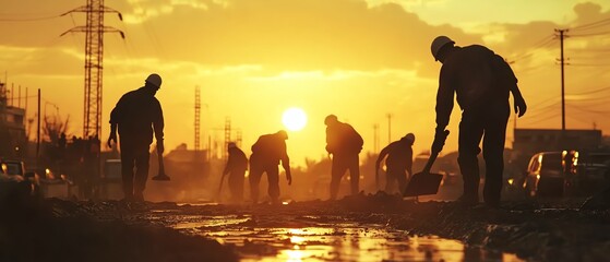 Workers pouring concrete at a construction site during sunset, silhouettes set against a warm, glowing sky, emphasizing industrial labor and teamwork, hyperrealistic textures