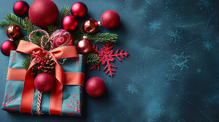 Red Christmas Balls and Gift Box  on Blue Background Copy Space 