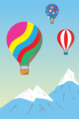 Obraz premium Illustration of colorful hot air balloons floating over snowy mountains, depicting a scenic adventure in a serene sky. Vibrant and minimalistic flat design.