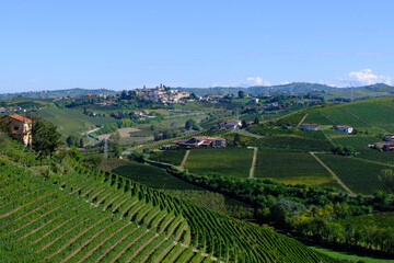 Il paese di Neive nelle Langhe, visto da Barbaresco in provincia di Cuneo, Piemonte, Italia.