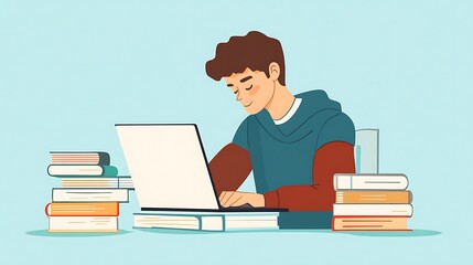 Student writing an essay on laptop, vector illustration 