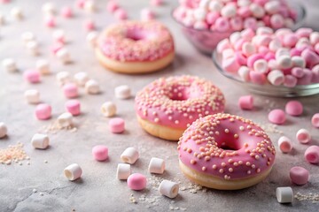 Delightful Pink Doughnuts and Marshmallows on a Soft Background Perfect for Sweet Treat Promotions and Dessert Blogs