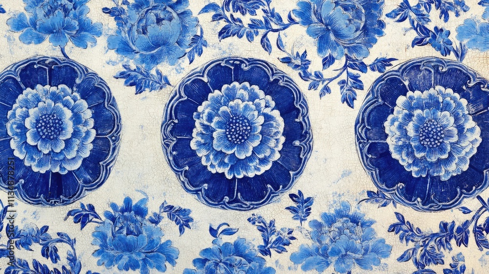 Poster blue floral pattern with intricate peonies and decorative elements on textured paper background for 