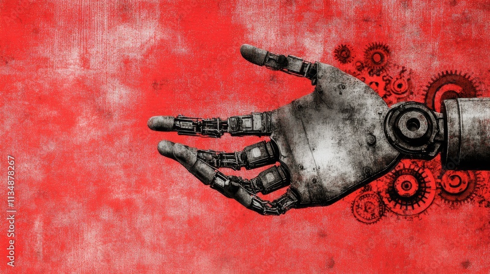 Poster robotic hand with industrial elements symbolizing industry 4.0 on a textured red background showcasi