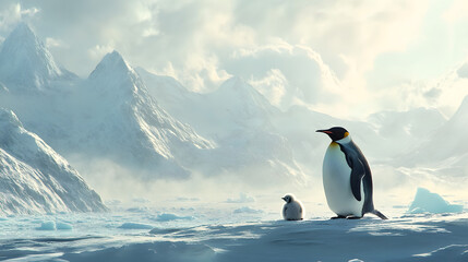 Emperor Penguin and Chick in Antarctica