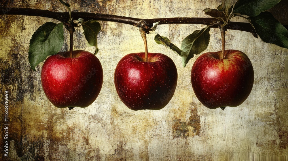 Poster three ripe red apples hanging from a branch on an apple tree against a textured vintage background