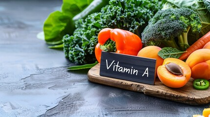 A vibrant display of fresh vegetables and fruits highlighting their Vitamin A content, featuring colorful peppers, broccoli, and apricots.