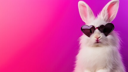 Fototapeta premium White rabbit with dark heart sunglasses on gradient background. Fashion accessory concept