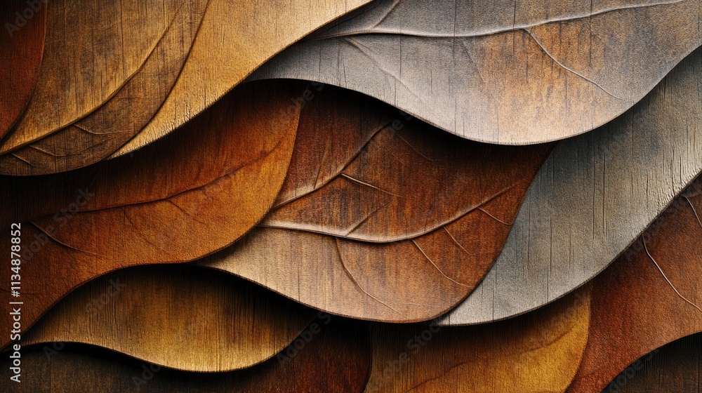Poster Textured abstract background featuring layered leaves and wood patterns in warm earthy tones for design and artistic projects.