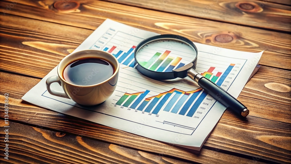 Poster detailed analysis of business data with magnifying glass and documents on table, showcasing analytic