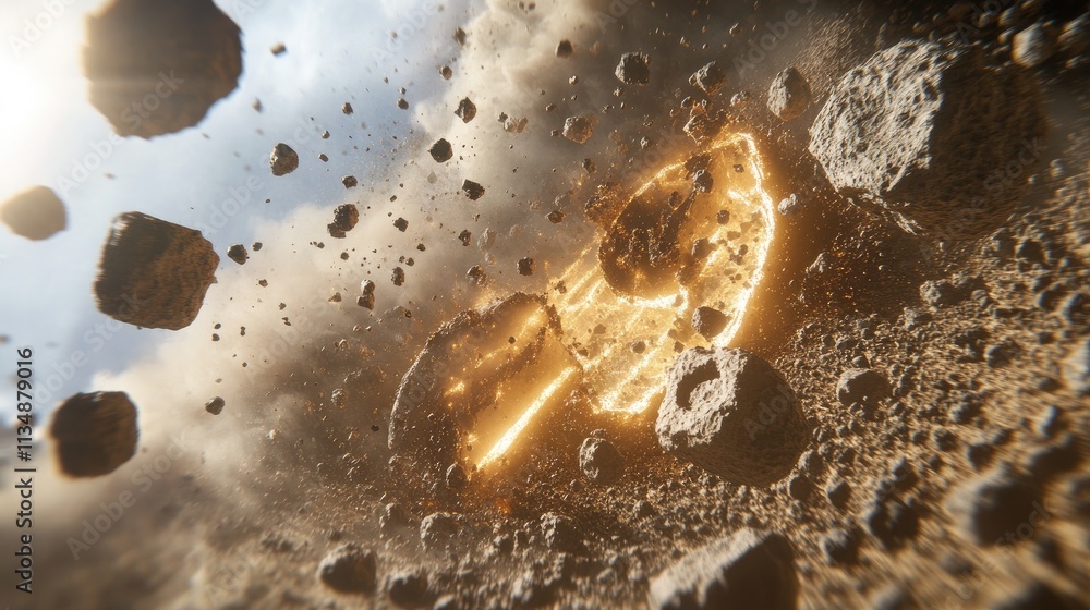 Poster textured asteroids scattered in an artistic formation on a white background, representing space expl