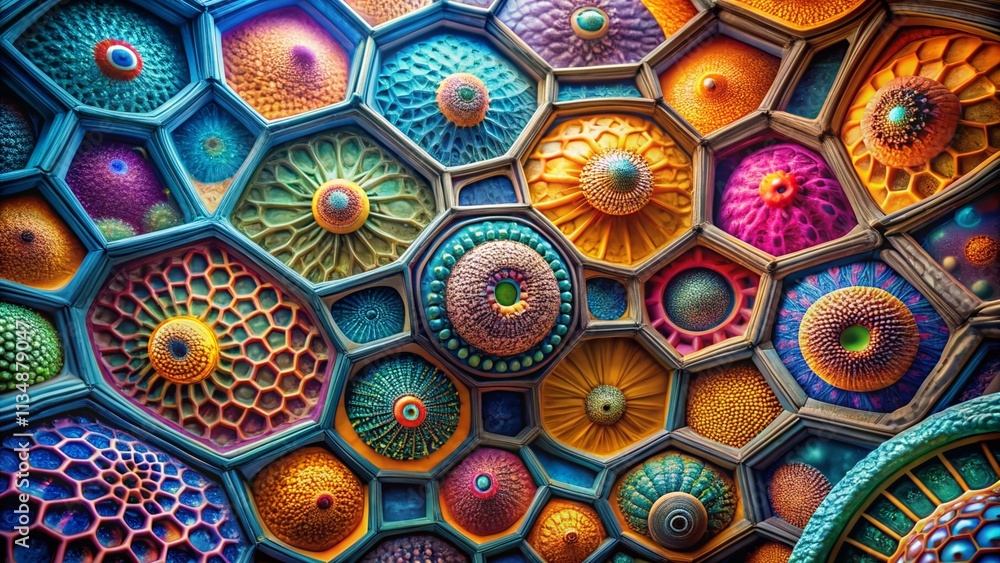 Poster detailed architectural visualization of microscopic cells showcasing intricate structures and textur