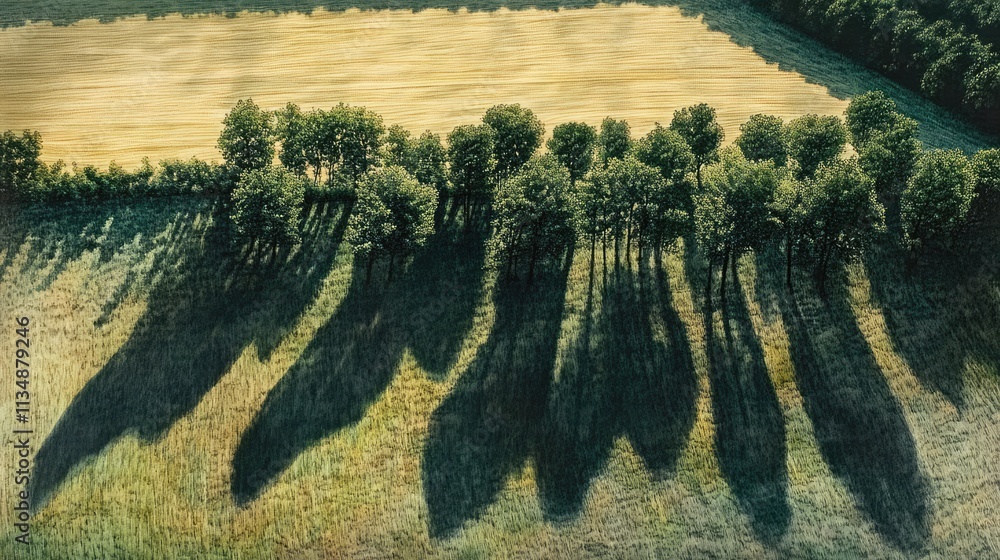 Poster shadows of trees in a forest casting dramatic patterns on a sunlit field aerial view nature landscap
