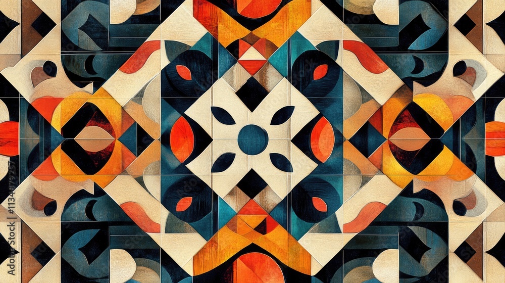 Poster geometric abstract pattern with vibrant shapes and colors creating a mesmerizing tile design suitabl