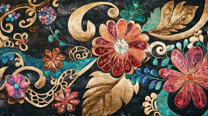 Contemporary abstract batik artwork featuring vibrant floral patterns and intricate designs showcasing traditional craftsmanship techniques