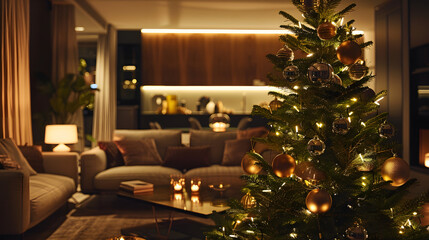 A Christmas tree in a modern living room, decorated with sleek metallic ornaments and soft white lights