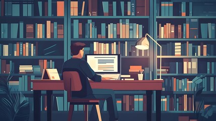 Studying in library, flat vector design 
