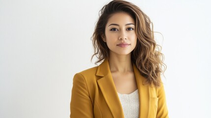 Obraz premium Confident modern woman dressed in a gold blazer, standing tall with a bright white background.