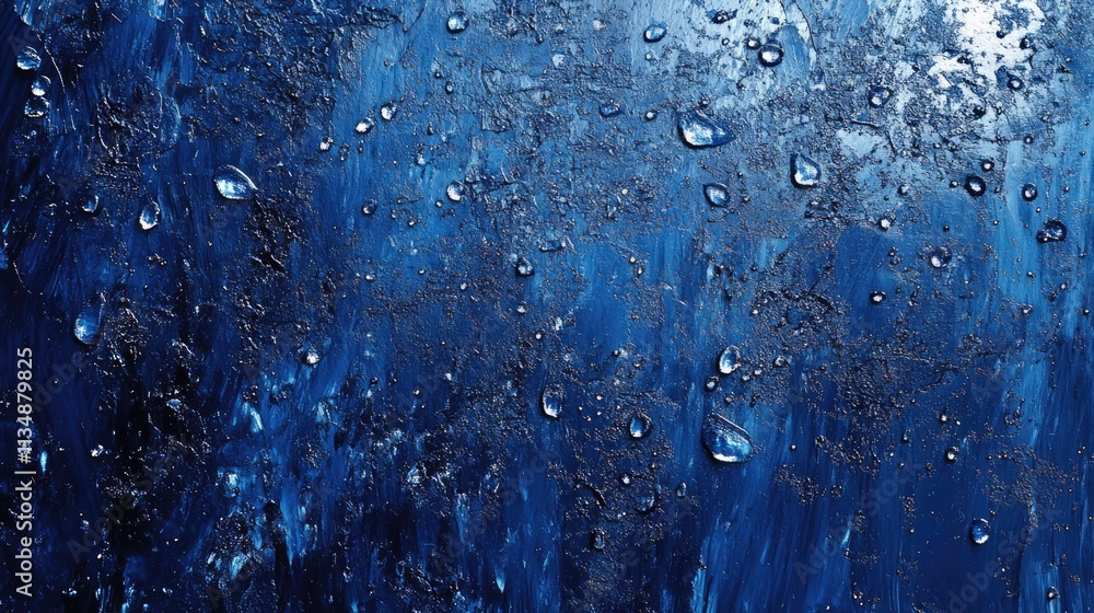 Poster water droplets on a deep blue abstract background creating a serene and artistic mood with textured 