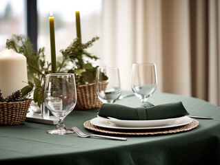 Christmas table setting. Holiday celebrations dining table. New years dining table. Table setting in green and gold