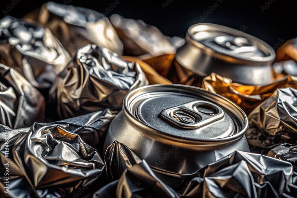 Poster detailed macro photography of crumpled cans and foil on a dark background, capturing the intricate t
