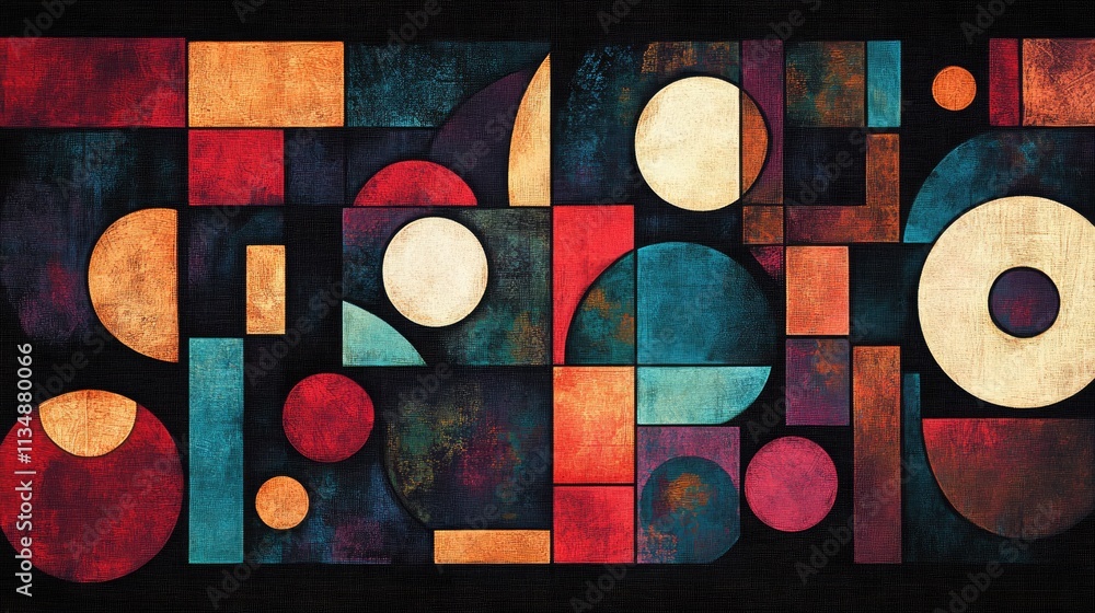 Poster geometric abstract pattern in dark tones featuring colorful shapes circles and rectangles for modern