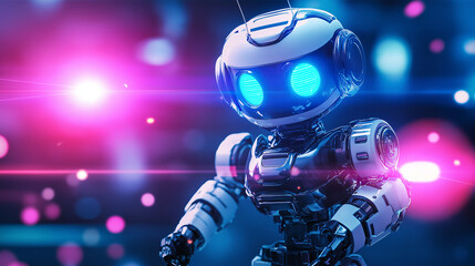 Fototapeta premium Futuristic robot with glowing blue eyes and sleek metallic design illuminated by vibrant pink and blue neon lights in a high-tech environment