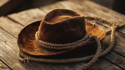 Worn cowboy hat and rope on wood.