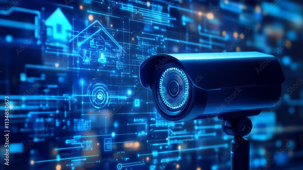 Poster a close-up of a modern surveillance camera against a futuristic digital interface background. blue t