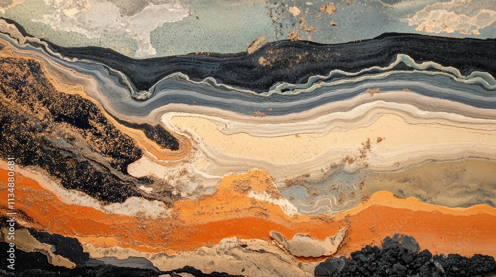 Poster tarsand tailings abstract patterns with natural earth tones in fluid art style