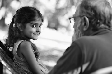 Fototapeta premium Grandfather shares stories with granddaughter in the park